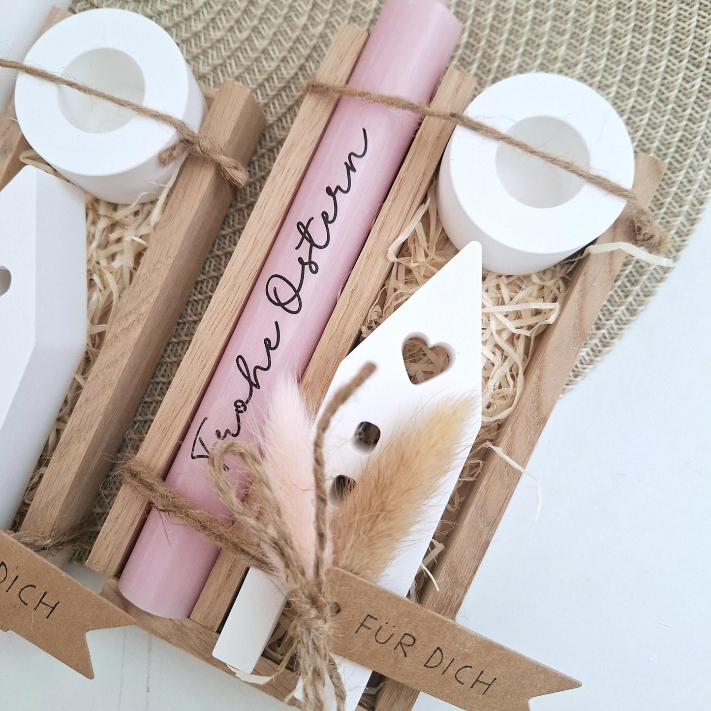 Ostern Geschenkset Ostergeschenk Haus / Lichthaus Kerzenhalter rund Kerzenset Stabkerze Kerzenbox Holzbox Mitbringsel