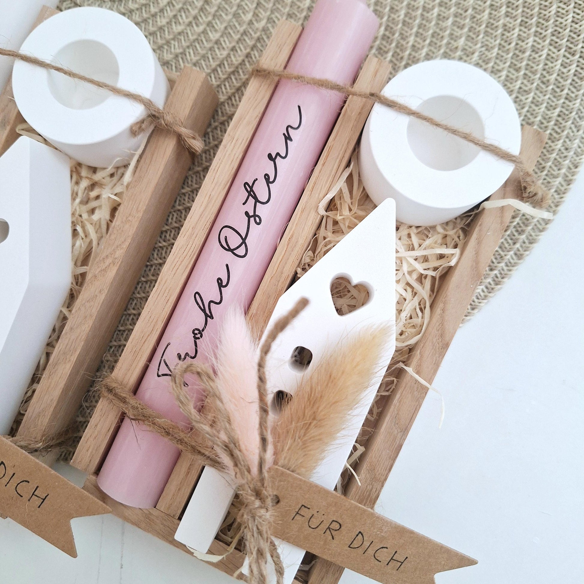 Ostern Geschenkset Ostergeschenk Haus / Lichthaus Kerzenhalter rund Kerzenset Stabkerze Kerzenbox Holzbox Mitbringsel