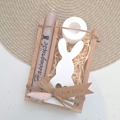 Ostern Geschenkset Ostergeschenk Hase mit Herz groß Kerzenhalter rund Kerzenset Stabkerze Kerzenbox Holzbox Mitbringsel