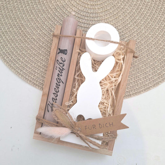 Ostern Geschenkset Ostergeschenk Hase mit Herz groß Kerzenhalter rund Kerzenset Stabkerze Kerzenbox Holzbox Mitbringsel