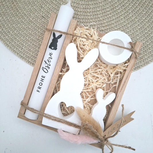 Ostern Geschenkset Ostergeschenk Hase mit Herz groß und klein Kerzenhalter rund Kerzenset Stabkerze Kerzenbox Holzbox Mitbringsel