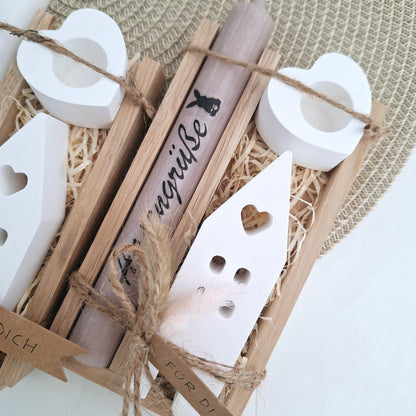 Ostern Geschenkset Ostergeschenk Haus / Lichthaus Kerzenhalter Herz Kerzenset Stabkerze Kerzenbox Holzbox Mitbringsel