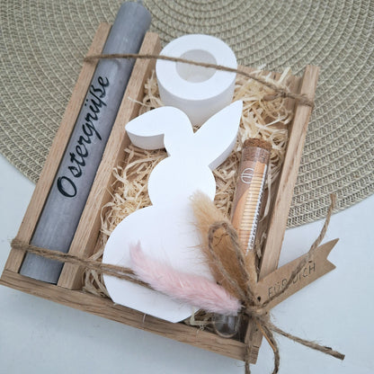 Ostern Geldgeschenk Ostergeschenk Hase mit Knickohr Kerzenhalter rund Geschenkset Gutschein Kerzenset Stabkerze Kerzenbox Mitbringsel