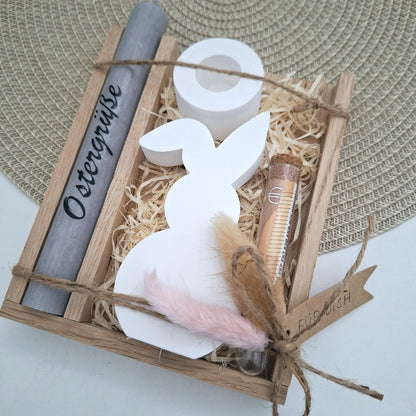 Ostern Geldgeschenk Ostergeschenk Hase mit Knickohr Kerzenhalter rund Geschenkset Gutschein Kerzenset Stabkerze Kerzenbox Mitbringsel