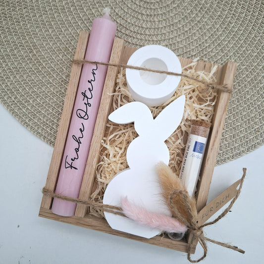 Ostern Geldgeschenk Ostergeschenk Hase mit Knickohr Kerzenhalter rund Geschenkset Gutschein Kerzenset Stabkerze Kerzenbox Mitbringsel