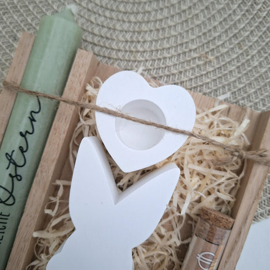 Ostern Geldgeschenk Ostergeschenk Hasen Silhouette Kerzenhalter Herz Geschenkset Gutschein Kerzenset Stabkerze Kerzenbox Mitbringsel