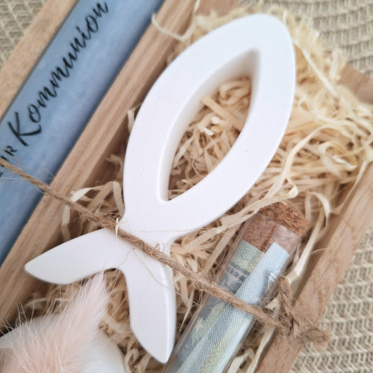 Kommunion Geldgeschenk Kommunionsgeschenk Geschenkset Fisch Var. 1 Kerzenhalter rund Reagenzglas Jungen Mädchen Kommunionskerze Gutschein