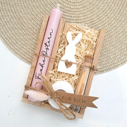 Ostern Geldgeschenk Ostergeschenk Hase mit Herz klein Kerzenhalter rund Geschenkset Gutschein Kerzenset Stabkerze Kerzenbox Mitbringsel