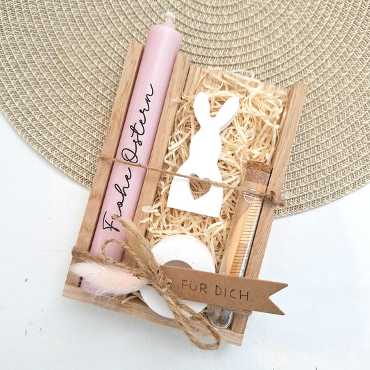 Ostern Geldgeschenk Ostergeschenk Hase mit Herz klein Kerzenhalter rund Geschenkset Gutschein Kerzenset Stabkerze Kerzenbox Mitbringsel