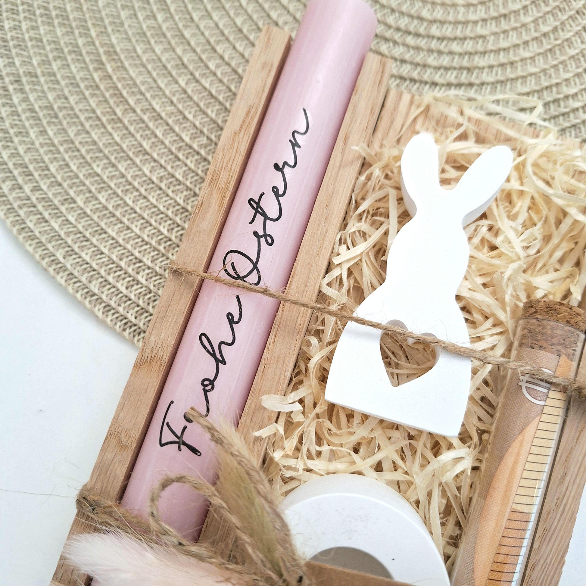 Ostern Geldgeschenk Ostergeschenk Hase mit Herz klein Kerzenhalter rund Geschenkset Gutschein Kerzenset Stabkerze Kerzenbox Mitbringsel
