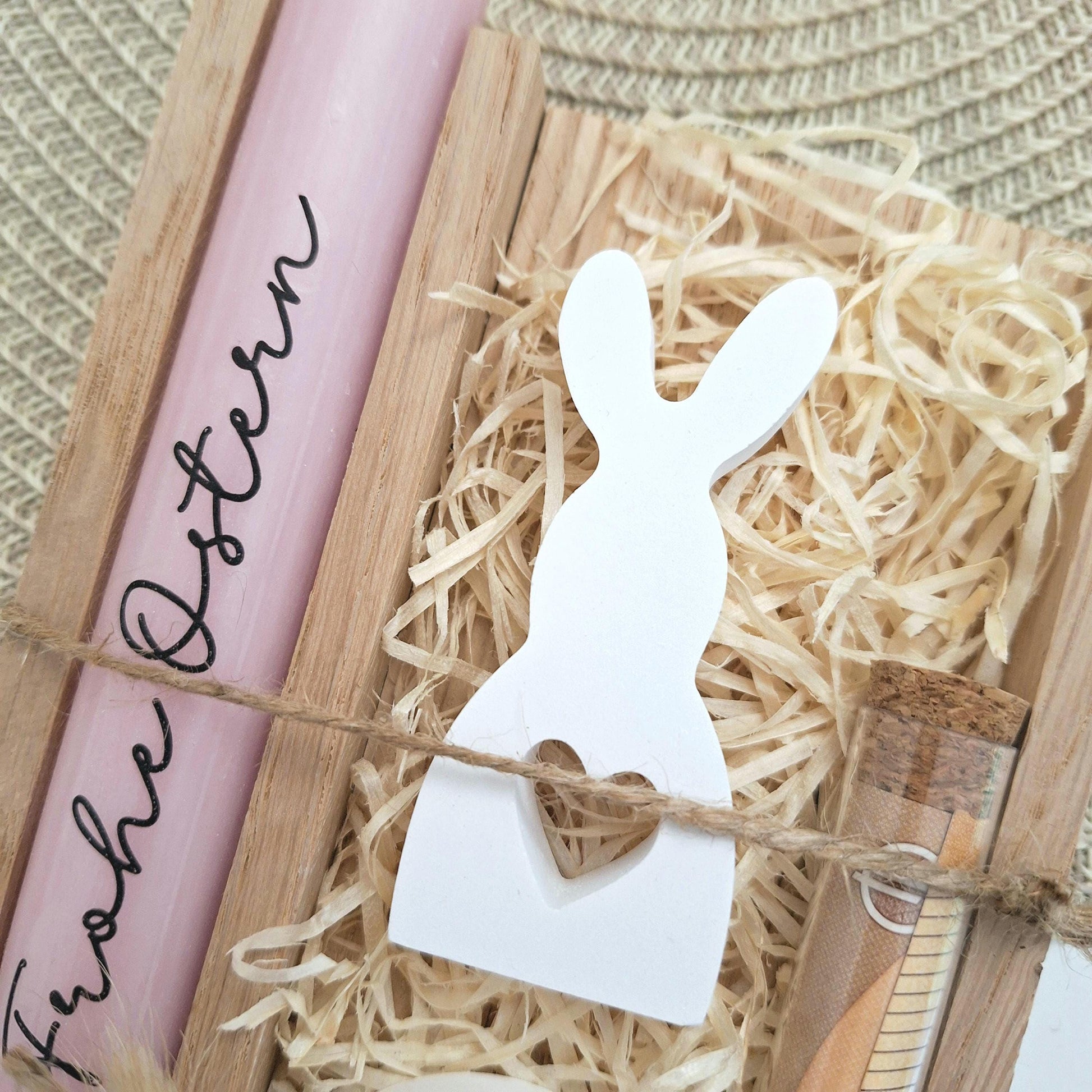 Ostern Geldgeschenk Ostergeschenk Hase mit Herz klein Kerzenhalter rund Geschenkset Gutschein Kerzenset Stabkerze Kerzenbox Mitbringsel