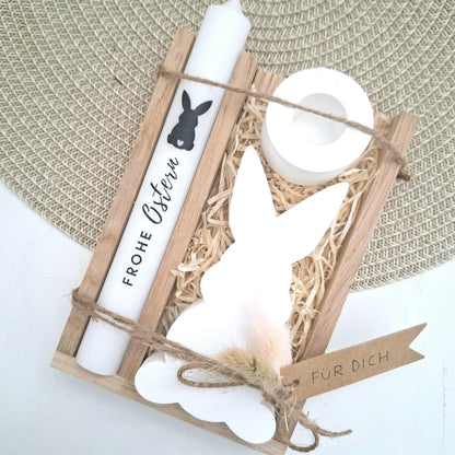 Ostern Geschenkset Ostergeschenk Hase Silhouette Kerzenhalter rund Kerzenset Stabkerze Kerzenbox Holzbox Mitbringsel