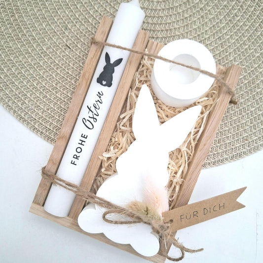 Ostern Geschenkset Ostergeschenk Hase Silhouette Kerzenhalter rund Kerzenset Stabkerze Kerzenbox Holzbox Mitbringsel