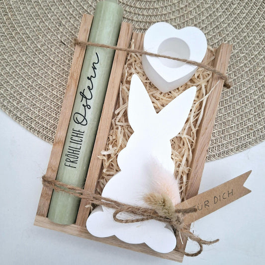 Ostern Geschenkset Ostergeschenk Hasen Silhouette Kerzenhalter Herz Kerzenset Stabkerze Kerzenbox Holzbox Mitbringsel