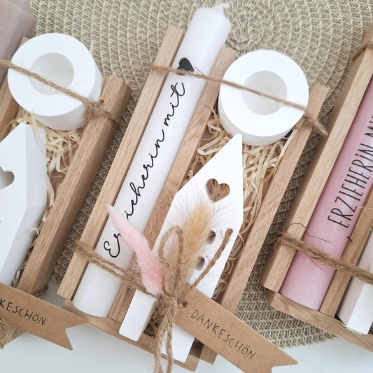 Abschiedsgeschenk Kindergarten KITA Erzieherin mit Herz Geschenkset Dankeschön Haus / Lichthaus Kerzenhalter rund Kerzenset Stabkerze