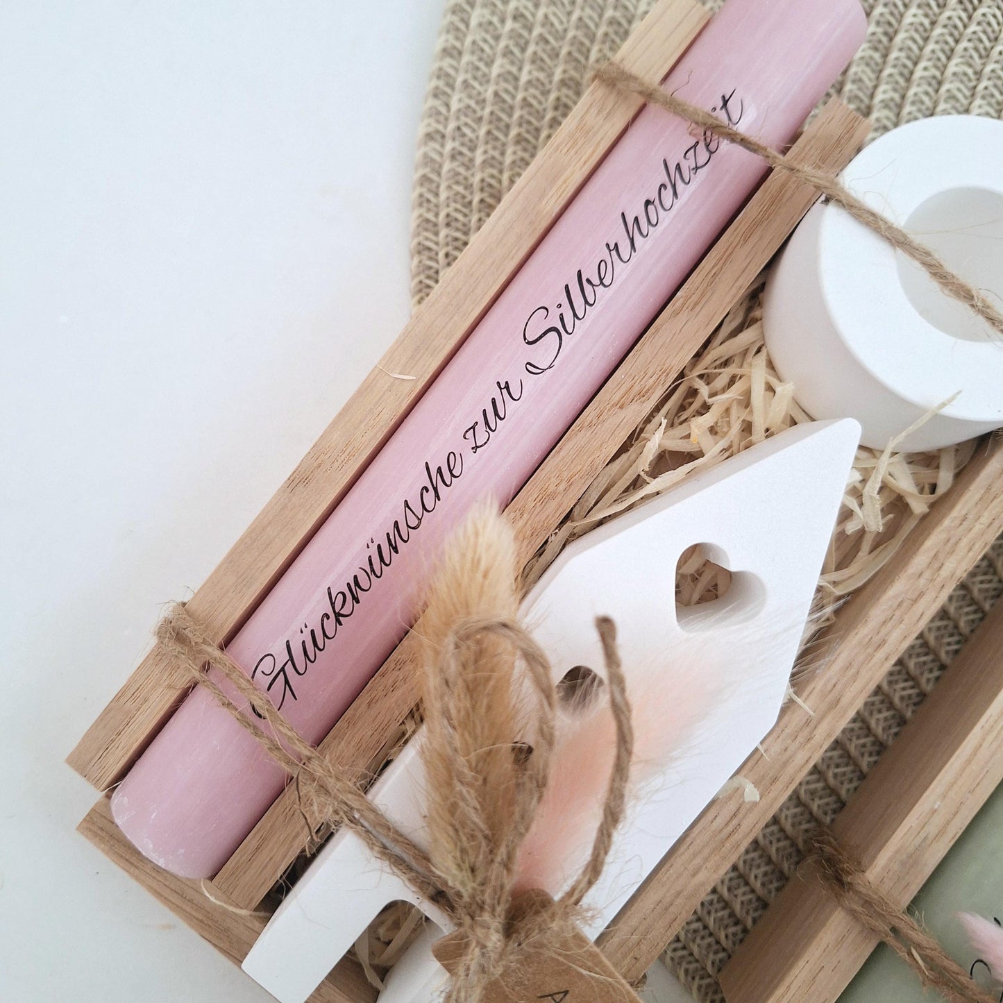 Silberhochzeit Silberhochzeitsgeschenk Haus / Lichthaus Kerzenhalter rund Stabkerze Kerzenbox Holzbox Mitbringsel