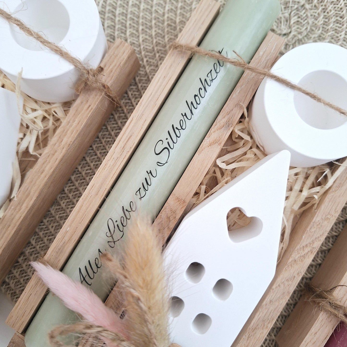 Silberhochzeit Silberhochzeitsgeschenk Haus / Lichthaus Kerzenhalter rund Stabkerze Kerzenbox Holzbox Mitbringsel