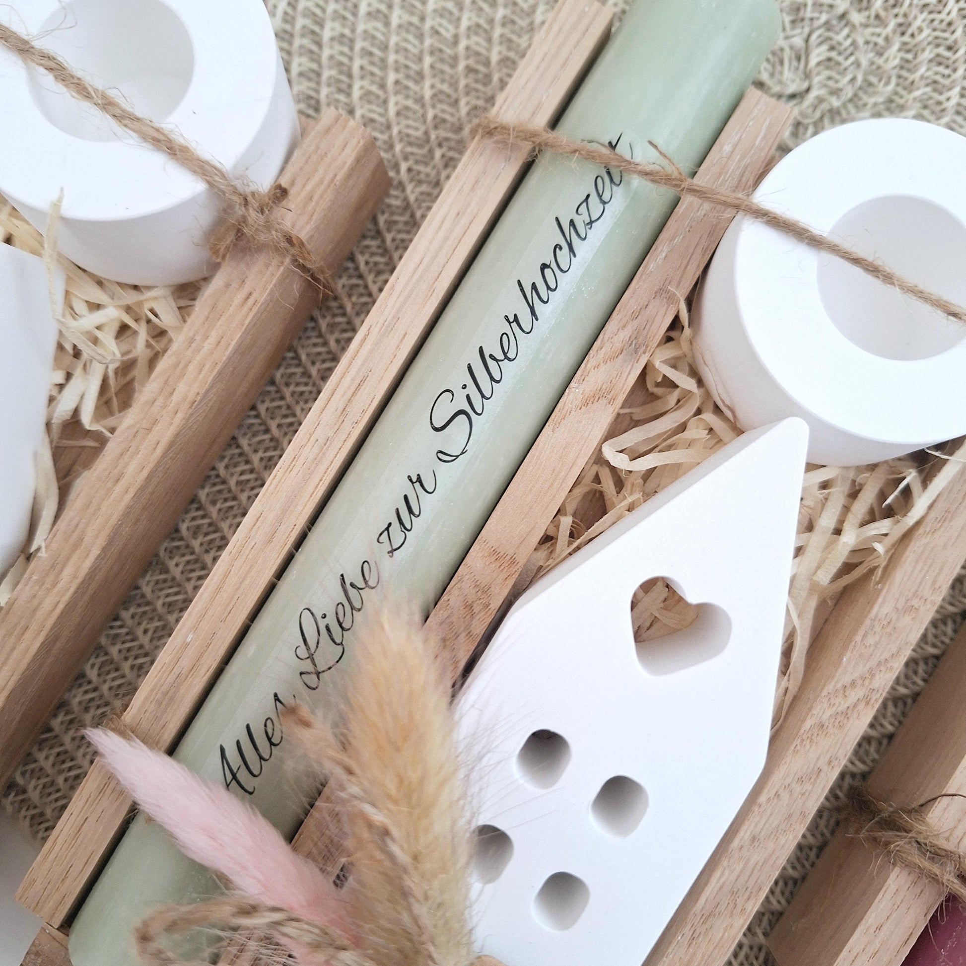 Silberhochzeit Silberhochzeitsgeschenk Haus / Lichthaus Kerzenhalter rund Stabkerze Kerzenbox Holzbox Mitbringsel