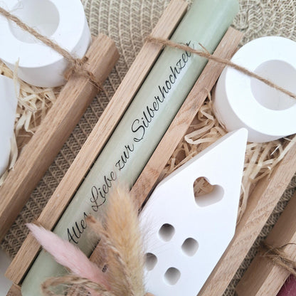 Silberhochzeit Silberhochzeitsgeschenk Haus / Lichthaus Kerzenhalter rund Stabkerze Kerzenbox Holzbox Mitbringsel