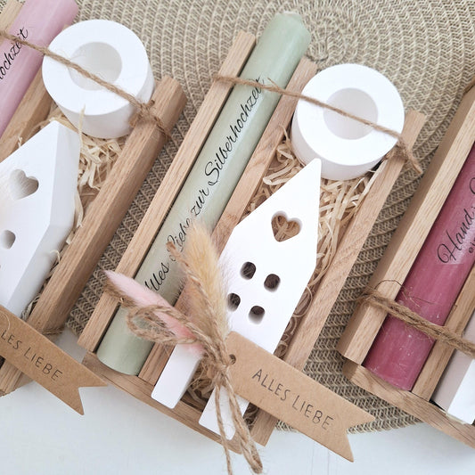 Silberhochzeit Silberhochzeitsgeschenk Haus / Lichthaus Kerzenhalter rund Stabkerze Kerzenbox Holzbox Mitbringsel