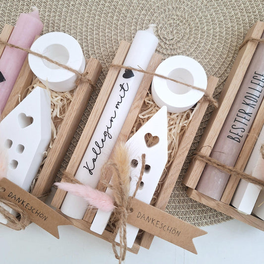 Geschenk Kollegin mit Herz Kollege Geschenkset Dankeschön Haus / Lichthaus Kerzenhalter rund Kerzenset Geschenkset Stabkerze Holzbox