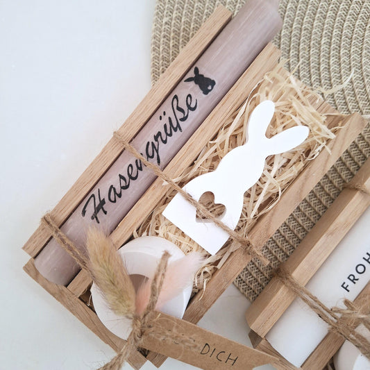Ostern Ostergeschenk Geschenkset Kerze Kerzenset Kerzenhalter rund Hase mit Herz Stabkerze Schriftzug Frohe Ostern Osterfest Mitbringsel