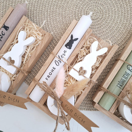 Ostern Ostergeschenk Geschenkset Kerze Kerzenset Kerzenhalter rund Hase mit Herz Stabkerze Schriftzug Frohe Ostern Osterfest Mitbringsel
