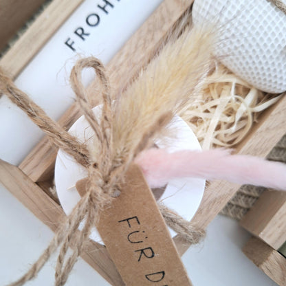 Ostern Ostergeschenk Geschenkset Kerze Kerzenset Dekoherz Kerzenhalter rund Stabkerze Schriftzug Frohe Ostern Osterfest Mitbringsel