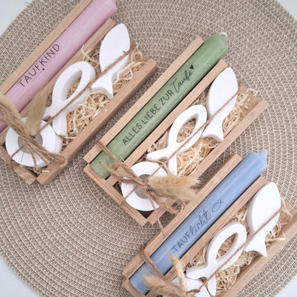 Taufe Taufgeschenk mit zwei Fischen Kerzenhalter rund Geschenkset für Jungen und Mädchen zur heiligen Taufe Taufkerze