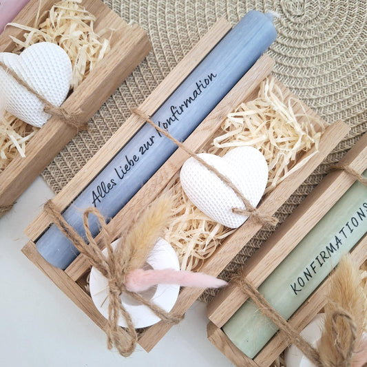 Konfirmation Konfirmationsgeschenk mit Dekoherz und Kerzenhalter rund Geschenkset für Jungen und Mädchen Konfirmationskerze Kerzenset