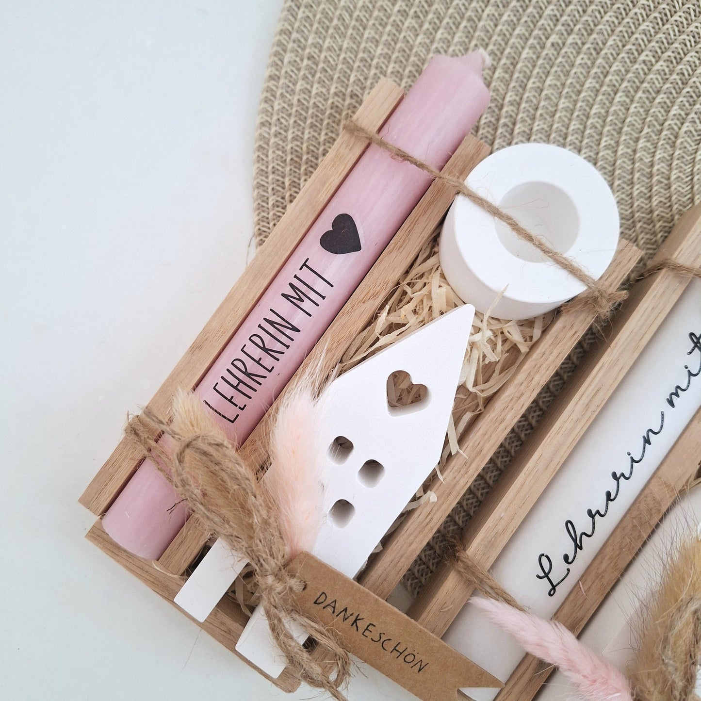 Abschiedsgeschenk Schule Lehrerin mit Herz Lehrer Geschenkset Dankeschön Haus / Lichthaus Kerzenhalter rund Kerzenset Stabkerze Holzbox