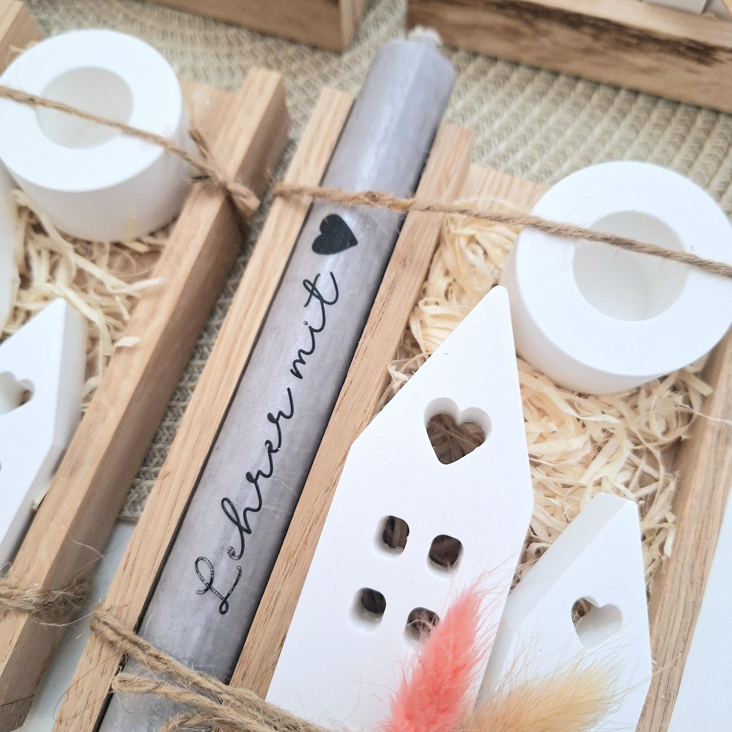 Abschiedsgeschenk Schule Lehrerin mit Herz Lehrer Geschenkset Dankeschön Häuser / Lichthäuser Kerzenhalter rund Kerzenset Stabkerze Holzbox