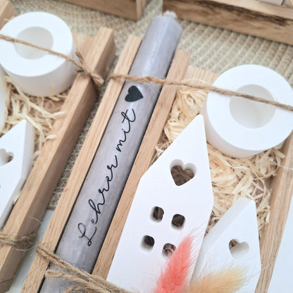 Abschiedsgeschenk Schule Lehrerin mit Herz Lehrer Geschenkset Dankeschön Häuser / Lichthäuser Kerzenhalter rund Kerzenset Stabkerze Holzbox