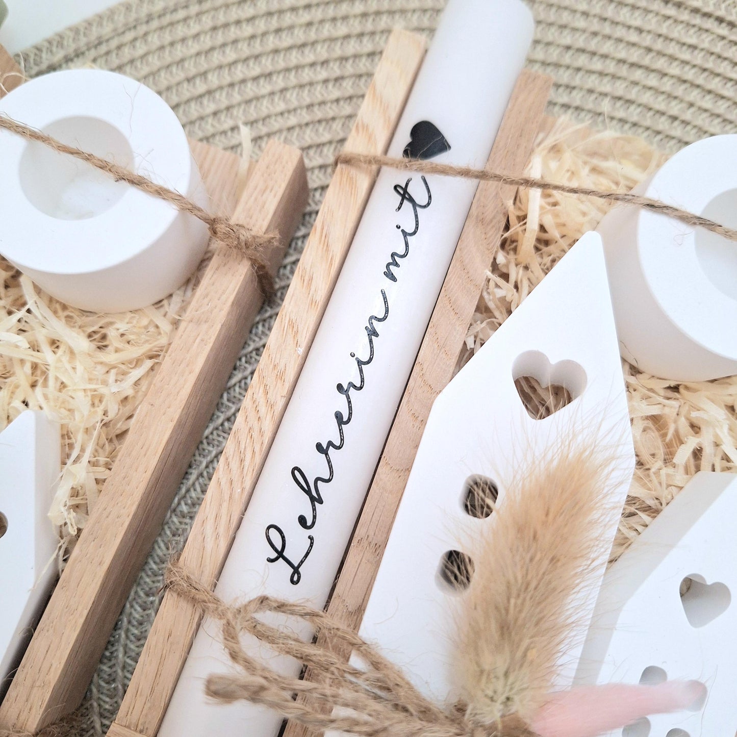 Abschiedsgeschenk Schule Lehrerin mit Herz Lehrer Geschenkset Dankeschön Häuser / Lichthäuser Kerzenhalter rund Kerzenset Stabkerze Holzbox