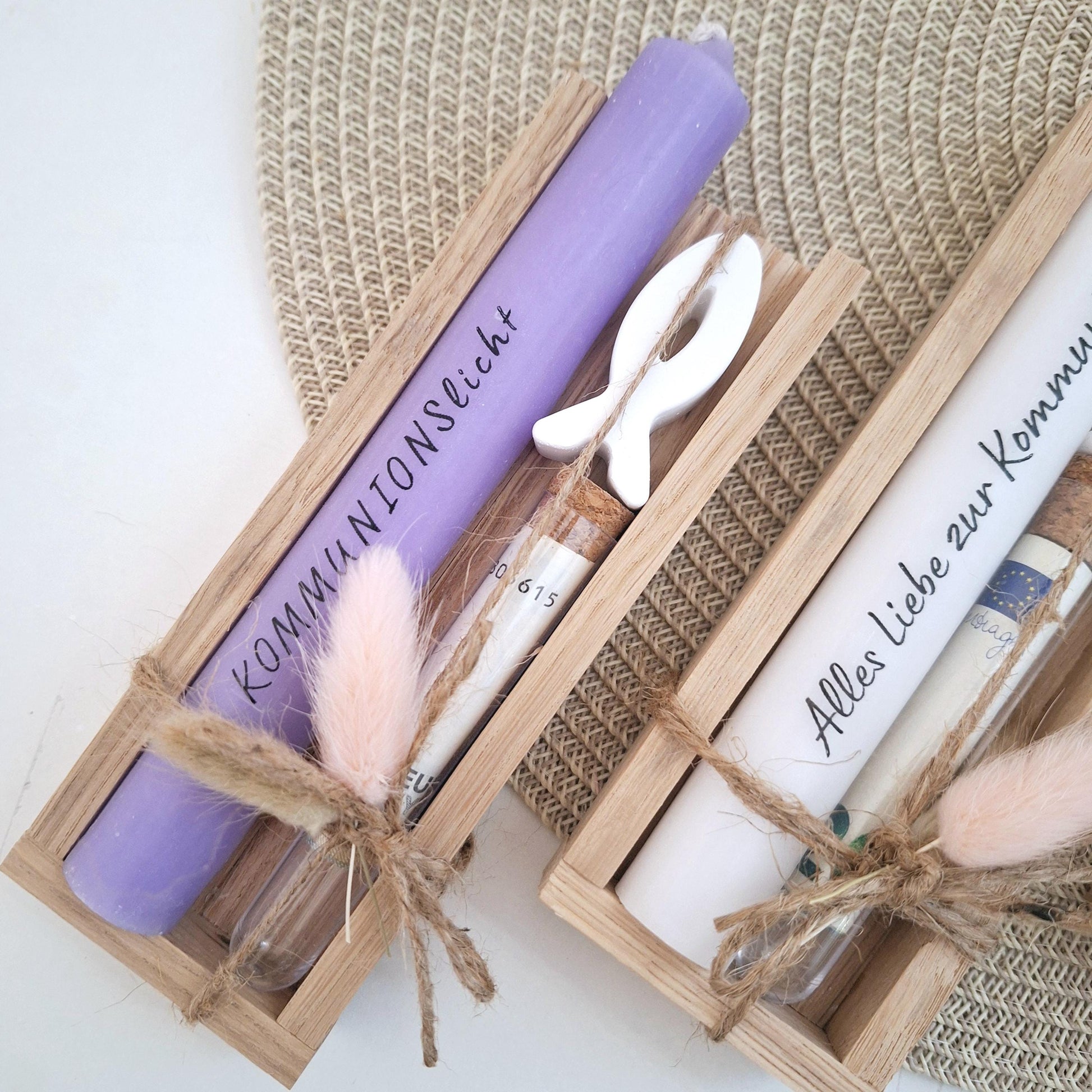 Kommunion Geldgeschenk Kommunionsgeschenk Geschenkset mit Fisch Reagenzglas Geschenkset für Jungen und Mädchen Kommunionskerze Gutschein