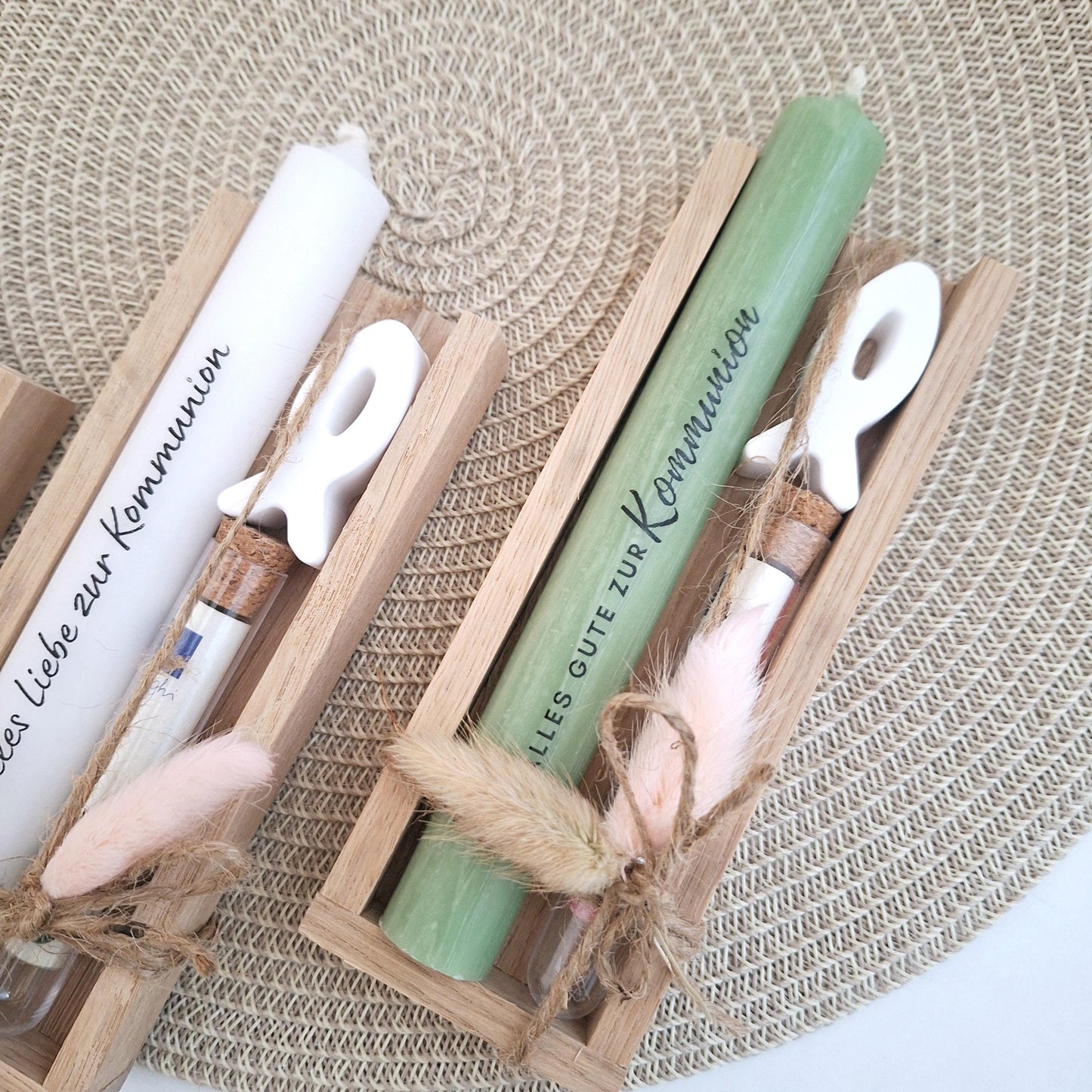 Kommunion Geldgeschenk Kommunionsgeschenk Geschenkset mit Fisch Reagenzglas Geschenkset für Jungen und Mädchen Kommunionskerze Gutschein