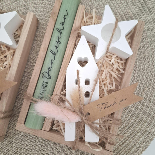 Danke Kerzenset kleines Dankeschön Danke für alles Geschenkset Haus / Lichthaus Kerzenhalter Stern Stabkerze Schriftzug mit Holzbox