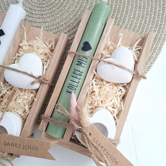 Kollegin mit Herz Kollege Geschenk Geschenkset Dankeschön Dekoherz Kerzenhalter Herz Kerzenset Geschenkset Stabkerze Holzbox