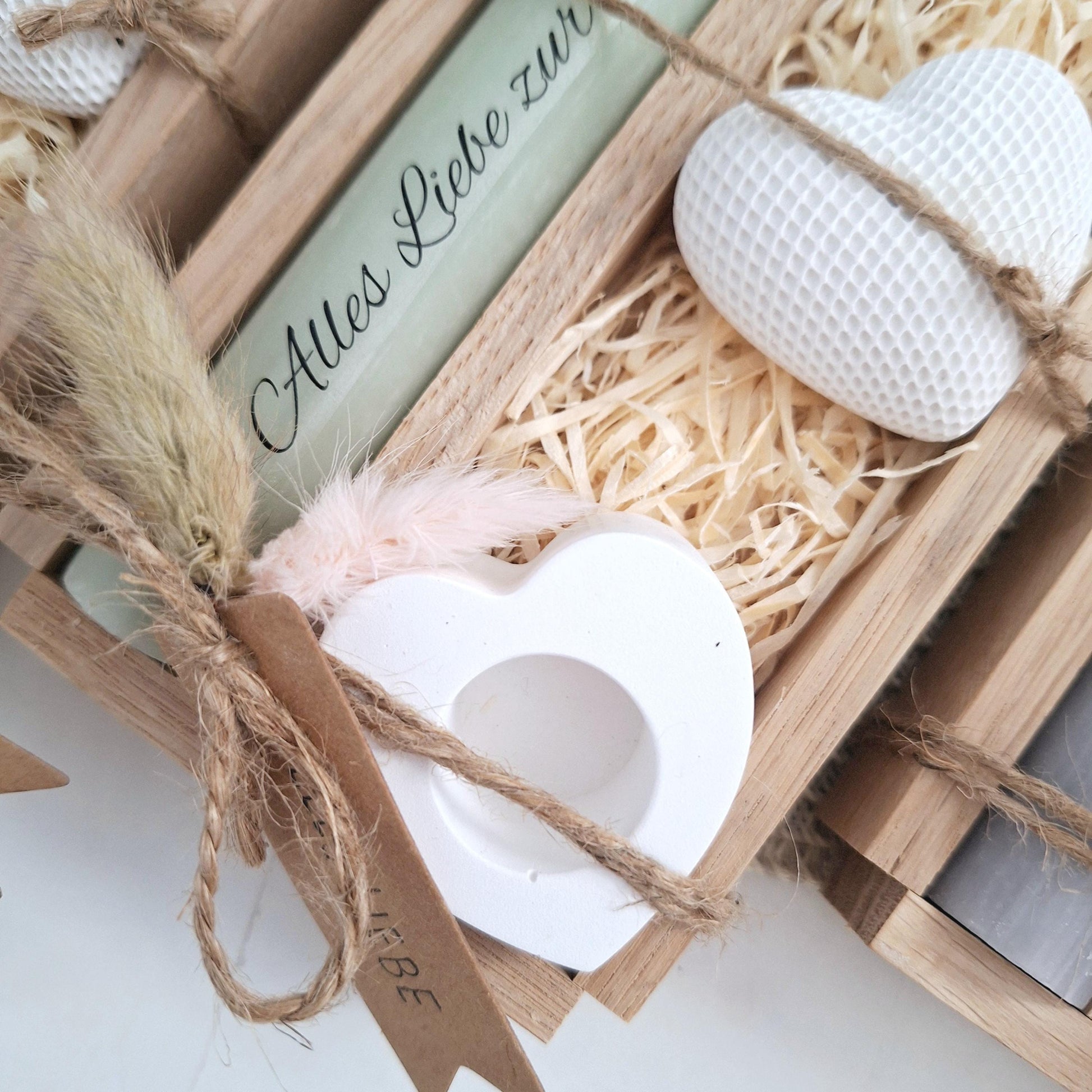 Silberhochzeit Silberhochzeitsgeschenk Dekoherz Kerzenhalter Herz Stabkerze Kerzenbox Holzbox Mitbringsel