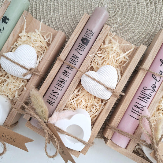 Einzugsgeschenk Einweihungsgeschenk Geschenkset zum Umzug Einzug Dekoherz Kerzenhalter Herz Kerzenset zum Hauskauf Richtfest Stabkerze
