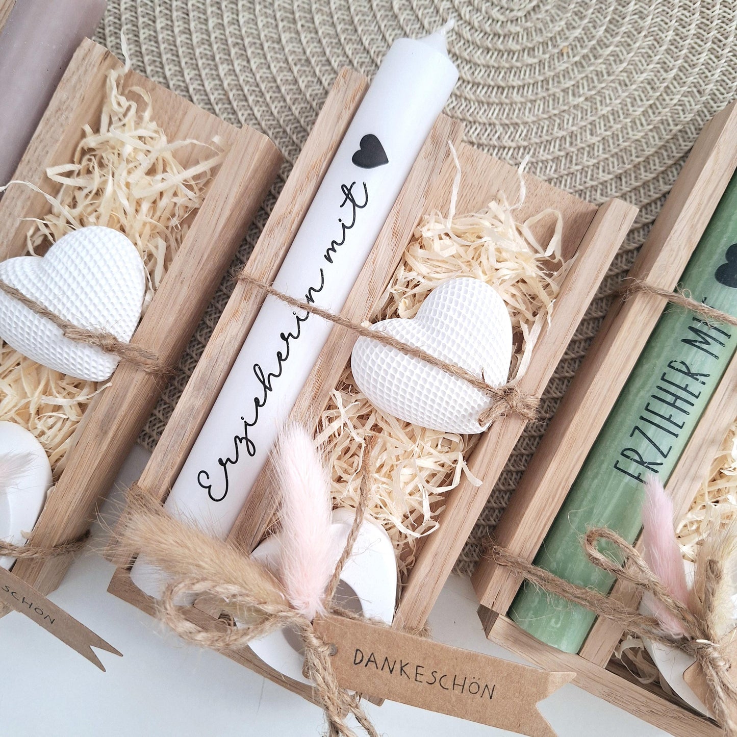 Abschiedsgeschenk Kindergarten KITA Erzieherin mit Herz Dekoherz Kerzenhalter Herz Geschenkset Dankeschön  Kerzenset Stabkerze Holzbox