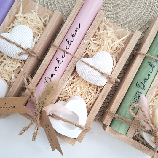Danke Kerzenset kleines Dankeschön Danke für alles Dekoherz Kerzenhalter Herz Geschenkset Stabkerze Schriftzug mit Holzbox