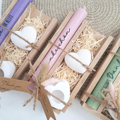 Danke Kerzenset kleines Dankeschön Danke für alles Dekoherz Kerzenhalter Herz Geschenkset Stabkerze Schriftzug mit Holzbox