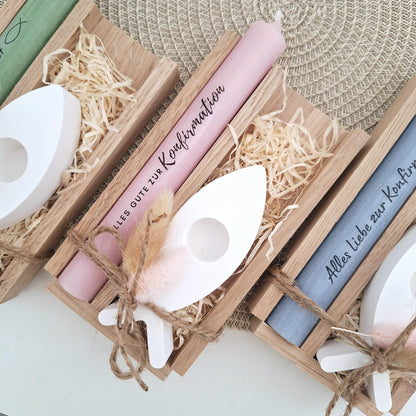 Konfirmation Konfirmationsgeschenk mit Kerzenhalter Fisch Geschenkset für Jungen und Mädchen Konfirmationskerze Kerzenset