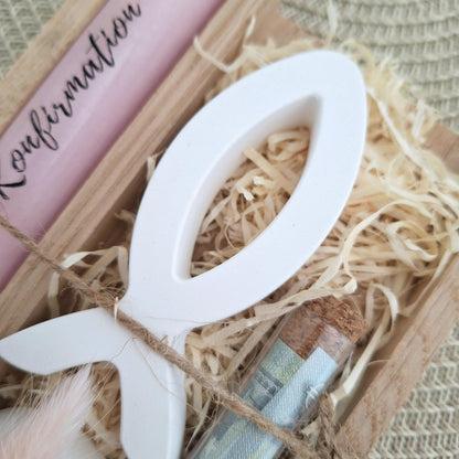 Konfirmation Geldgeschenk Konfirmationsgeschenk mit einem Fisch (Var 1) Kerzenhalter rund Geschenkset für Jungen Mädchen Konfirmationskerze