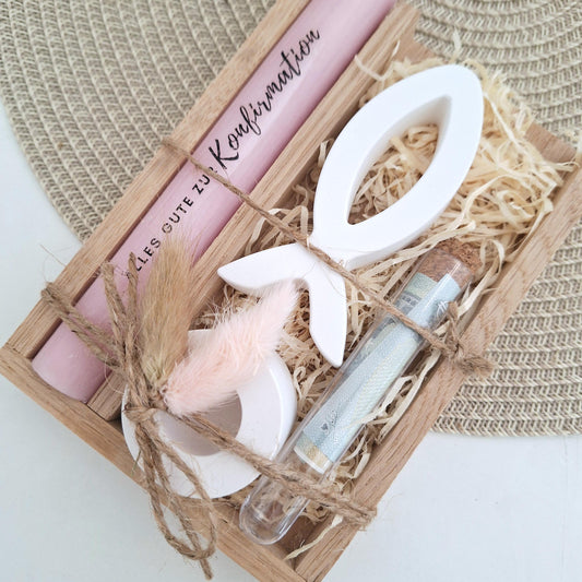 Konfirmation Geldgeschenk Konfirmationsgeschenk mit einem Fisch (Var 1) Kerzenhalter rund Geschenkset für Jungen Mädchen Konfirmationskerze