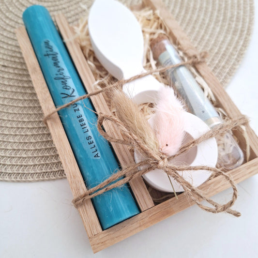 Konfirmation Geldgeschenk Konfirmationsgeschenk mit einem Fisch (Var 2) Kerzenhalter rund Geschenkset für Jungen Mädchen Konfirmationskerze