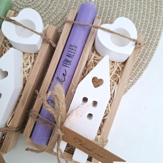 Danke Kerzenset kleines Dankeschön Danke für alles Geschenkset Haus / Lichthaus Kerzenhalter Herz Stabkerze Schriftzug mit Holzbox