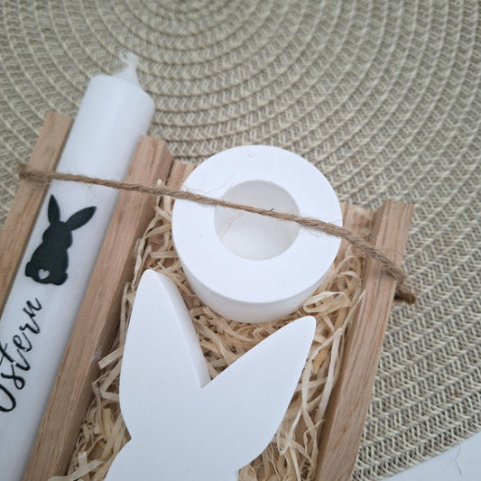 Ostern Geschenkset Ostergeschenk Hase Silhouette Kerzenhalter rund Kerzenset Stabkerze Kerzenbox Holzbox Mitbringsel