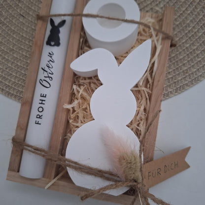 Ostern Geschenkset Ostergeschenk Hase mit Knickohr Kerzenhalter rund Kerzenset Stabkerze Kerzenbox Holzbox Mitbringsel